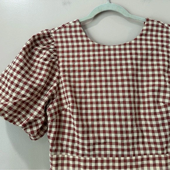 NWT En Saison Juni Gingham Bubble Sleeve Tie-Back Midi Dress Brick Womens L - Picture 7 of 10